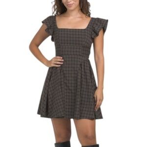 Moon River Brown Plaid Ruffle Sleeve Dress Medium